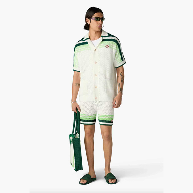casablanca green striped crochet knit camp collar short sleeve shirt & shorts